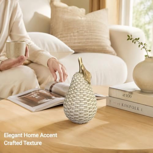 Woven Pear Decor, Decorative Fruit Figurine with Gold Stem, Resin Pear Sculpture, Farmhouse Tabletop Decor for Living Room, Kitchen, Shelf - Image 2