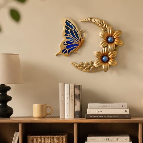 LIFFY Gold Wall Decor,3D Multi-layer Metal Flower Wall Decor, Metal Butterfly Wall Decor Glass Outdoor Wall Art Sculptures and Crescent Moon Floral Art for Kitchen Bedroom Living Room Garden Patio - Image 6