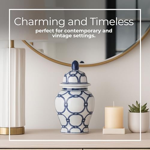 Decorative Jar with Lid Hand-Painted Pattern Ceramic Stoneware Traditional Style Home Living Room Office Decor Accent Piece - 10" Blue & White - Image 4