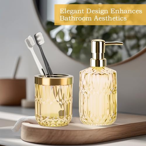 RRM Glass Bathroom Toothbrush Holder and Soap Dispenser Set,Clear Gold - Image 6