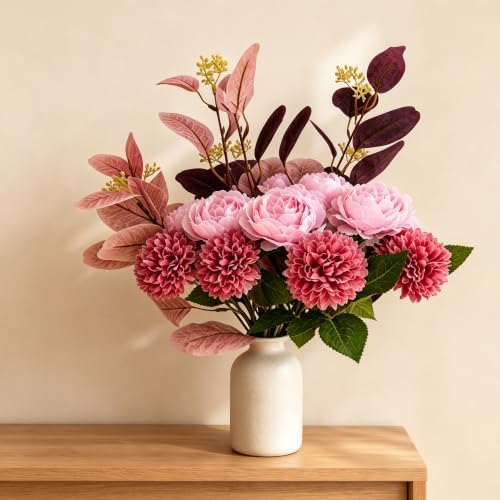 Pink Silk Artificial Flower Arrangement with Vase, Mums Peony Eucalyptus by RVROVIC