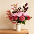 Pink Silk Artificial Flower Arrangement with Vase, Mums Peony Eucalyptus by RVROVIC