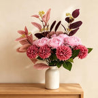 Pink Silk Artificial Flower Arrangement with Vase, Mums Peony Eucalyptus by RVROVIC