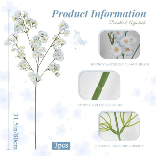3 Pcs Artificial Wildflowers Blue Long Stem Faux Silk Flowers for Tall Vase - Image 2
