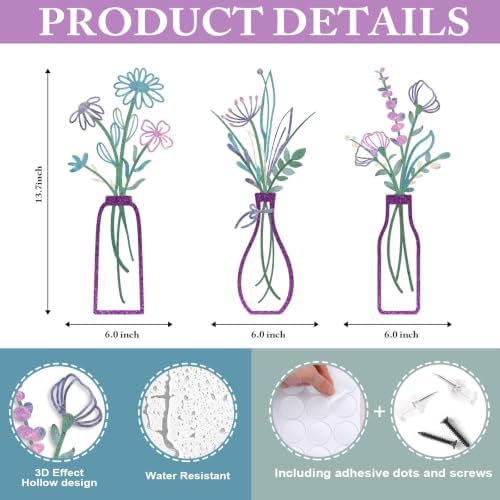 Pigort 3 Pieces Metal Flowers Wall Arts - Rustic Farmhouse Decor Purple Minimalist Flower Wall Decors for Living room Bathroom Bedroom Dining Room-Housewarming Gifts(Purple, Vase-C) - Image 2