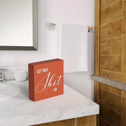 Funny Bathroom Sign, Orange Wood Box Decor for Half Bathroom, Humorous Farmhouse Shelf & Desktop Sign for Home or Office - Image 5