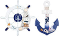 2 Pack 11" Nautical Beach Wooden Ship Wheel and 11" Wooden Anchor with Rope Nautical Boat Steering Wheel Rudder Anchor Wall Art Decor Door Hanging Ornament Beach Theme Home Decoration(White&Blue) by Meching