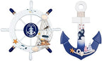 2 Pack 11" Nautical Beach Wooden Ship Wheel and 11" Wooden Anchor with Rope Nautical Boat Steering Wheel Rudder Anchor Wall Art Decor Door Hanging Ornament Beach Theme Home Decoration(White&Blue) by Meching