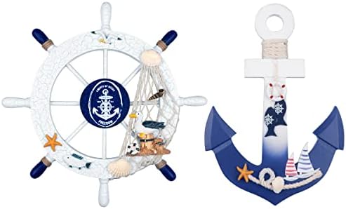 2 Pack 11" Nautical Beach Wooden Ship Wheel and 11" Wooden Anchor with Rope Nautical Boat Steering Wheel Rudder Anchor Wall Art Decor Door Hanging Ornament Beach Theme Home Decoration(White&Blue) by Meching