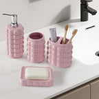 4 Piece Ceramic Bathroom Accessories Set –Soap Dispenser,Toothbrush Holder,Tumbler & Soap Dish,Includes Silicone Funnel,Non-Slip,Modern Farmhouse Countertop Organizer Set for Bathroom Decor, Pink - Image 2