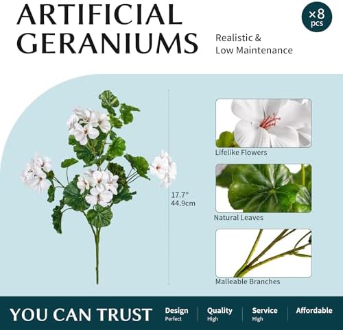 Artificial Geraniums for Outdoors, 8 Stems 17.7 Inch White Faux Geranium Bush Fake Flowers UV Resistant Fall Porch Patio Garden Planter Window Box Indoor Decor, Pot Not Included - Image 2