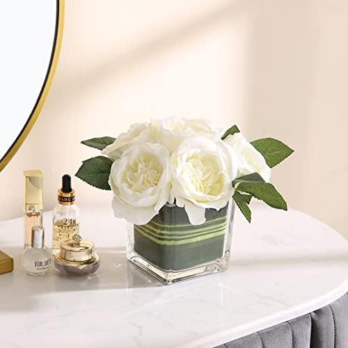 Artificial Peony Silk Flower Centerpieces Faux Floral Arrangement in Glass Vase for Home Wedding Table Decoration (Cream) - Image 3