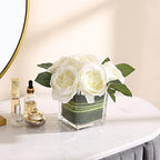 Artificial Peony Silk Flower Centerpieces Faux Floral Arrangement in Glass Vase for Home Wedding Table Decoration (Cream) - Image 3