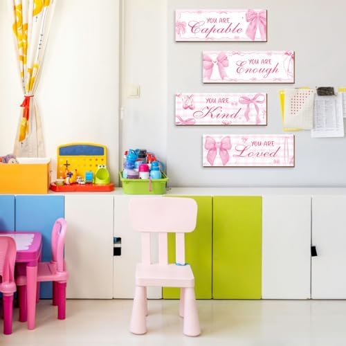 4 Pcs Pink Bow Wall Decor, Pink Room Decor for Teen Girls, Inspirational Positive Affirmations Wooden Wall Art Decor, Coquete Wall Hanging Signs for Bathroom Apartment - Image 6