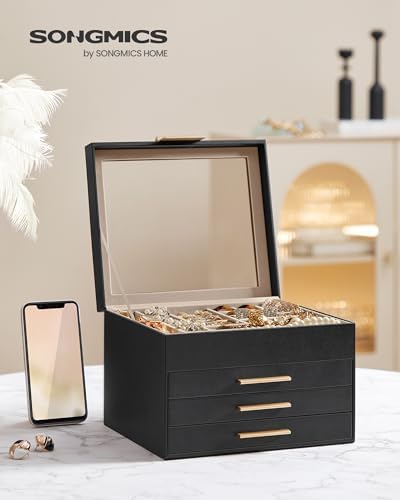 SONGMICS Jewelry Box Organizer, 4-Layer Storage with 3 Drawers, Glass Lid - Image 2