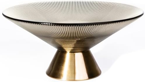 Tapered Glass Decorative Bowl(Coffee Brown) ,9.8 Inches Handblown Striped Design Glass Bowl with Rust Resistant Metal Base,Decor Fruit Bowl for Home Decor,Table Centerpiece,Kitchen Island,Dining Decor by Unknown