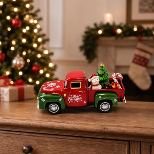 Christmas Truck Decor, 5.7 Inch Vintage Metal Pickup with Snowman and Tree - Image 2