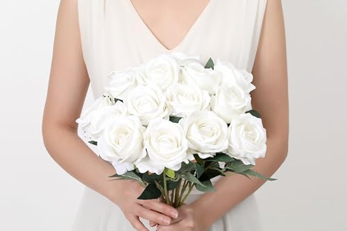SITUMEIZI 15PCS White Artificial Roses Silk Flowers Fake Roses Realistic Bouquet Long Stem with Gift Box for Mother's Gift Day Home Party Wedding Decorations - Image 3