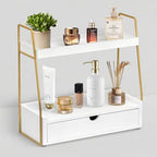 2-Tier Bathroom Countertop Organizer with Drawer, Wood Vanity Shelf White by dreampossible