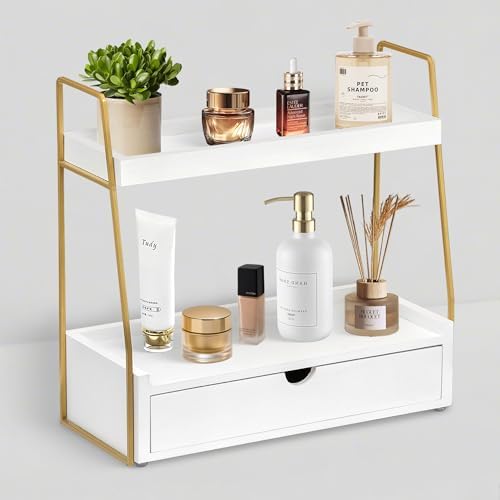 2-Tier Bathroom Countertop Organizer with Drawer, Wood Vanity Shelf White by dreampossible
