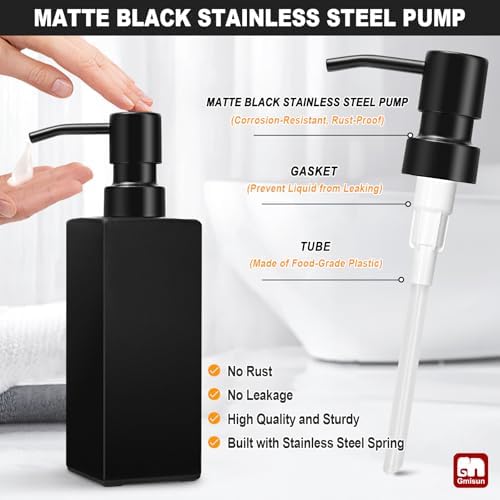 GMISUN Black Soap Dispenser Bathroom, Glass Hand Soap Dispenser with Stainless Steel Pump, 12 fl oz/350ml Refillable Dish Dispensers for Kitchen, Modern Liquid Lotion Bottles for Bathroom Countertop - Image 3