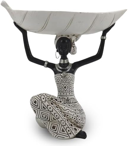 Lescafita African Woman Bowl Statue White Leaf Figurine by LESCAFITA