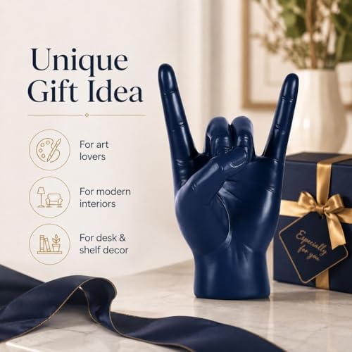 QIANLING 7.7" Blue Resin Rock On Hand Gesture Statue - Rock Culture Music Lovers' Decorative Tabletop Sculpture for Bookshelf, Desk & Mantel Decor in Home or Office, Modern Symbolic Figurine - Image 5