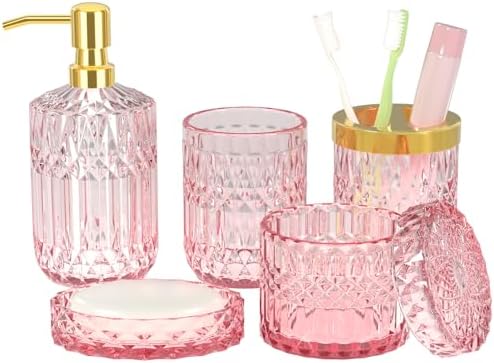 Pink Bathroom Accessories Set, 5Pcs Clear Glass Pink Bathroom Decor with Lotion Soap Dispenser, Soap Dish, Tumbler, Cotton Swab Jar, Toothbrush Holder for Bathrooms Set Modern Crystal Vintage Gift by Towoaafu