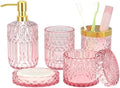 Pink Bathroom Accessories Set, 5Pcs Clear Glass Pink Bathroom Decor with Lotion Soap Dispenser, Soap Dish, Tumbler, Cotton Swab Jar, Toothbrush Holder for Bathrooms Set Modern Crystal Vintage Gift by Towoaafu