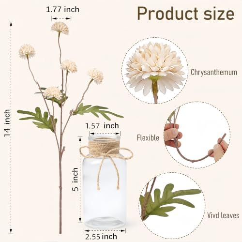 3PCS Mums Artificial Flowers with Vase - Small Silk Fake Flowers Suitable for Vase Bedroom Dining Room Living Rooms Decor Home Table Decor - Image 2