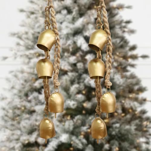 Vintage Hanging Decorative 2 Pack Gold Bells with Jute Hanging Rope by VUSKLY