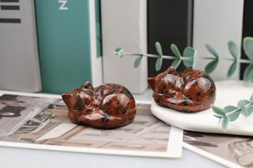 QINJIEJIE 2" Red Obsidian Cat Crystals Decor Statue Sleeping Cat Figurines - Image 5