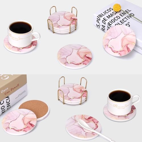 6 Pcs Pink Marble Abstract Ceramic Coasters with Holder for Coffee Table - Image 7