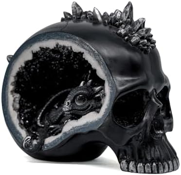 Resin Geode Skull Figurine Statue with Baby Dragon. Gifts for Skull Lovers by AuraMojo