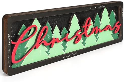 Vintage Christmas Decorations for Office, Home, Table, Mantel, Shelf, Desk, 3 1/2 x 11 Inch Retro Xmas Tree Sign, Wooden Christmas Decor Sign, Farmhouse Red and Green Decoration (Trees) by COCHIE