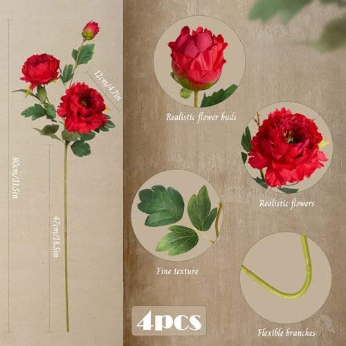 Silk Peonies Artificial Flowers, Red, 4PCS, 31.5'' Long Stem - Image 2