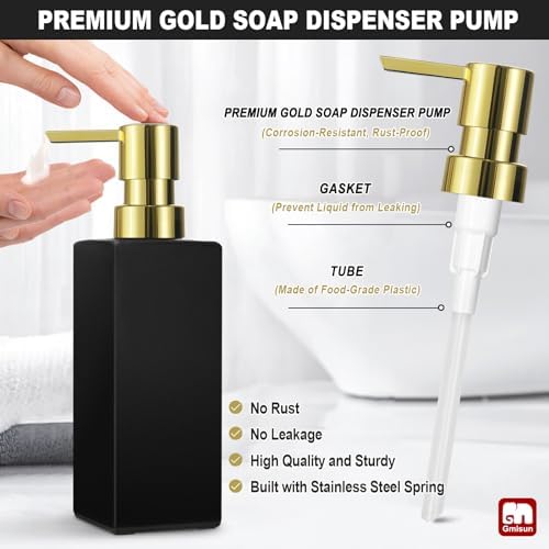 GMISUN Gold Hand Soap Dispenser, Black Glass Soap Dispenser with Gold Pump for Bathroom, 12 fl oz/350ml Refillable Dish Dispensers for Kitchen, Modern Liquid Lotion Bottles for Countertop - Image 3