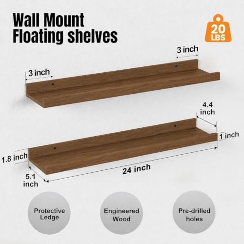 24inch Long Floating Shelves for Wall Decor, 5-Set Shelves with Lip, Walnut - Image 3