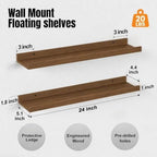 24inch Long Floating Shelves for Wall Decor, 5-Set Shelves with Lip, Walnut - Image 3