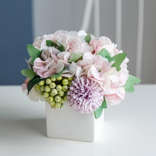 TKAS Fake Flowers Arrangement in Ceramic Vase, Artificial Faux Silk Hydrangea & Green Berries, Small Realistic Dried-Style Floral Centerpiece for Dining Table, Wedding Party Home Decoration (Purple) by TKAS