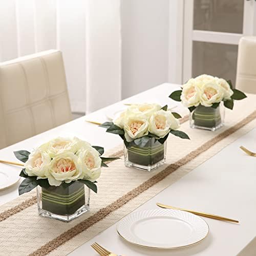Artificial Peony Silk Flower Centerpieces Faux Floral Arrangement in Glass Vase for Home Wedding Table Decoration (Champagne) - Image 2