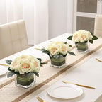 Artificial Peony Silk Flower Centerpieces Faux Floral Arrangement in Glass Vase for Home Wedding Table Decoration (Champagne) - Image 2