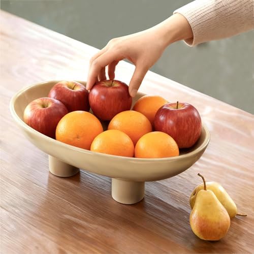 Three-Leg Ceramic Fruit Bowl, 12 Inch Oval Serving Dish for Kitchen Counter, Candy or Key Holder, Home Decor Accent Beige (Beige-12inch) - Image 2