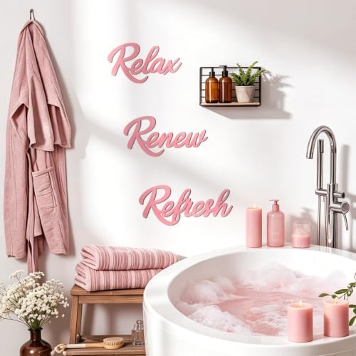 3 Pieces Bathroom Wall Decor Wooden Relax Renew Refresh Sign (Pink) - Image 5