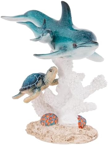 Ocean Life Figurine Dolphin Family with Sea Turtle 7 Inches High Coral Reef Decor Coastal Sea Life Nautical Room Accents - Image 5