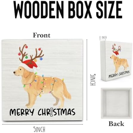 Golden Retriever Merry Christmas Wooden Box Sign Desk Decor, Gifts for Golden Retriever Lovers, Christmas Dog Wood Block Sign for Home Office Desk Table Shelf Wall Decorations, 5x5 Inch - Image 6