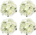 Admired by Nature 4 pcs 9 Stems Faux Hydrangea Rosa Flower Bouquet, Fake Flowers for Bride Bridesmaid, Centerpieces Artificial Flower Arrangement Home Décor, Cream Green by AdmiredbyNature