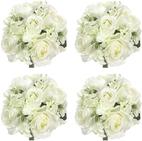 Admired by Nature 4 pcs 9 Stems Faux Hydrangea Rosa Flower Bouquet, Fake Flowers for Bride Bridesmaid, Centerpieces Artificial Flower Arrangement Home Décor, Cream Green by AdmiredbyNature