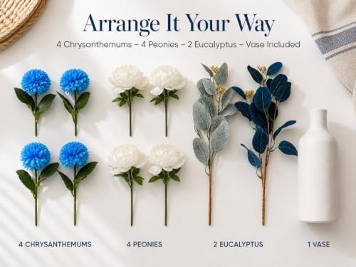 Artificial Flower Bouquet with Vase,Fake Flowers Peony Mums Eucalyptus - Image 3