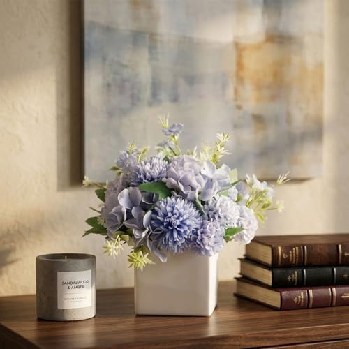TKAS Fake Flowers Arrangement in Ceramic Vase, Artificial Faux Silk Hydrangea, Small Realistic Dried-Style Floral Centerpiece for Dining Table, Wedding Party Home Decoration (Blue) - Image 4